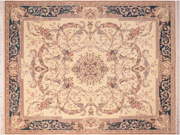 handmade Traditional Fazalhaq Beige Teal Hand Knotted RECTANGLE 100% WOOL area rug 8x10